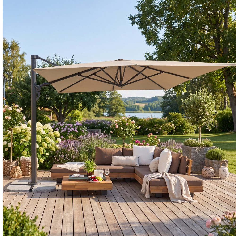 1593901-1 Rektangulärt premiumparasoll 3x4m | Kraftig konstruktion | Beige