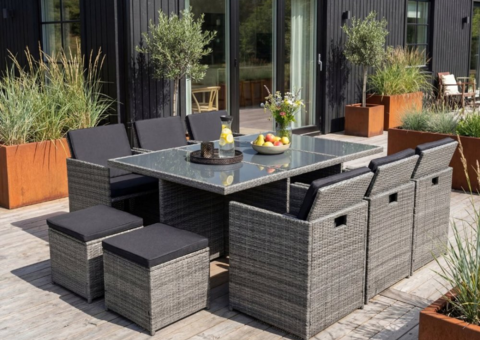 Matgrupp utemöbler | 10 sittplatser | Grå Konstrotting | Skärhamn