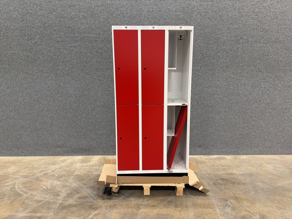 1593917-2 Student locker ROZ 3 sections, 6 compartments, incl. base, 1890x900x550 mm, red