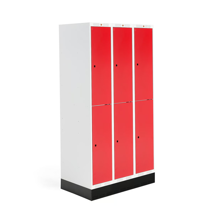 1593917-1 Student locker ROZ 3 sections, 6 compartments, incl. base, 1890x900x550 mm, red