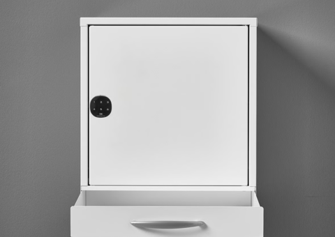 Medicine cabinet CURE 1 door and pull-out drawer, electric code lock, 455x400x300 mm