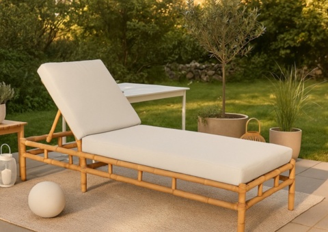 Cane sol lounge bambu / grå dyna 80 × 35 × 210 cm