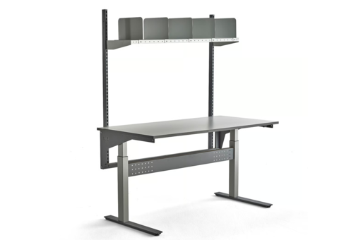 Complete height-adjustable work table VERVE 200 kg, 1600x800 mm, shelves with dividers