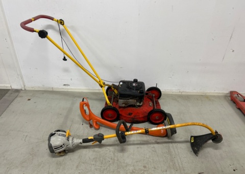 Lawnmower and two brushcutters