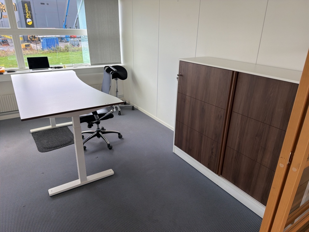 1552393-1 Office furniture with electric desk, storage cabinet, chair and stool