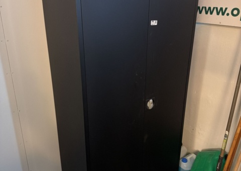 Cabinets, metal shelves and garden tools