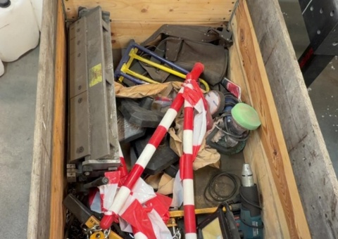 Pallet with contents - chain hoists, work lamp, etc.