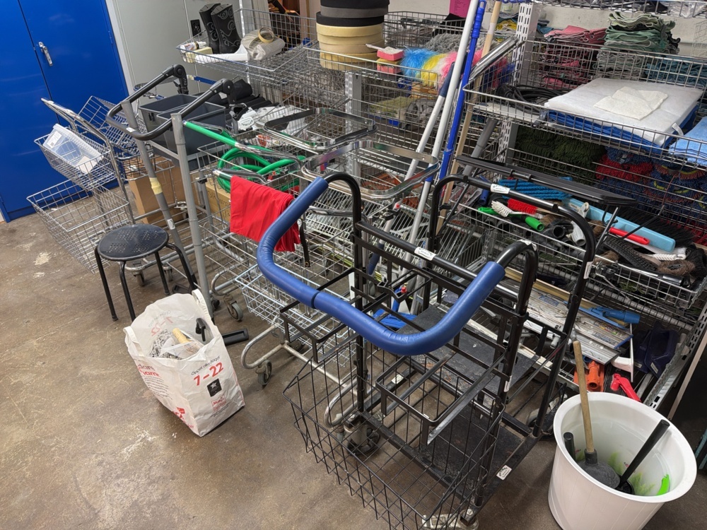 1594718-2 Larger collection of cleaning carts, cleaning equipment and wire shelves