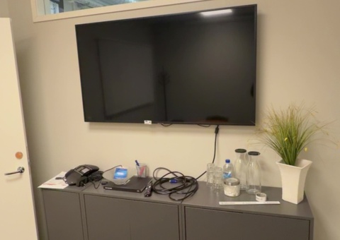 TV med konferenstelefon och TV-bänk