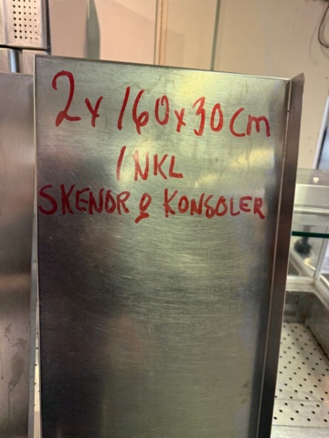 1141705-3 Rostfria hyllplan 2 st inkl skenor/konsoler. Ca 160x30 cm
