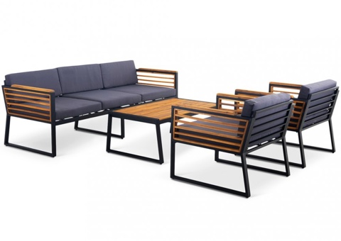 Outdoor acacia-aluminum lounge set with cushions & coffee table