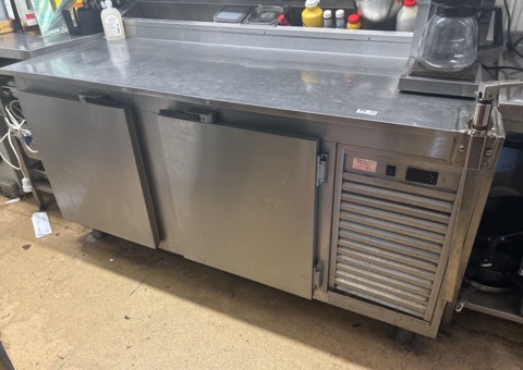 Stainless steel workbench with cabinet and cooling trough, approx. 170 cm