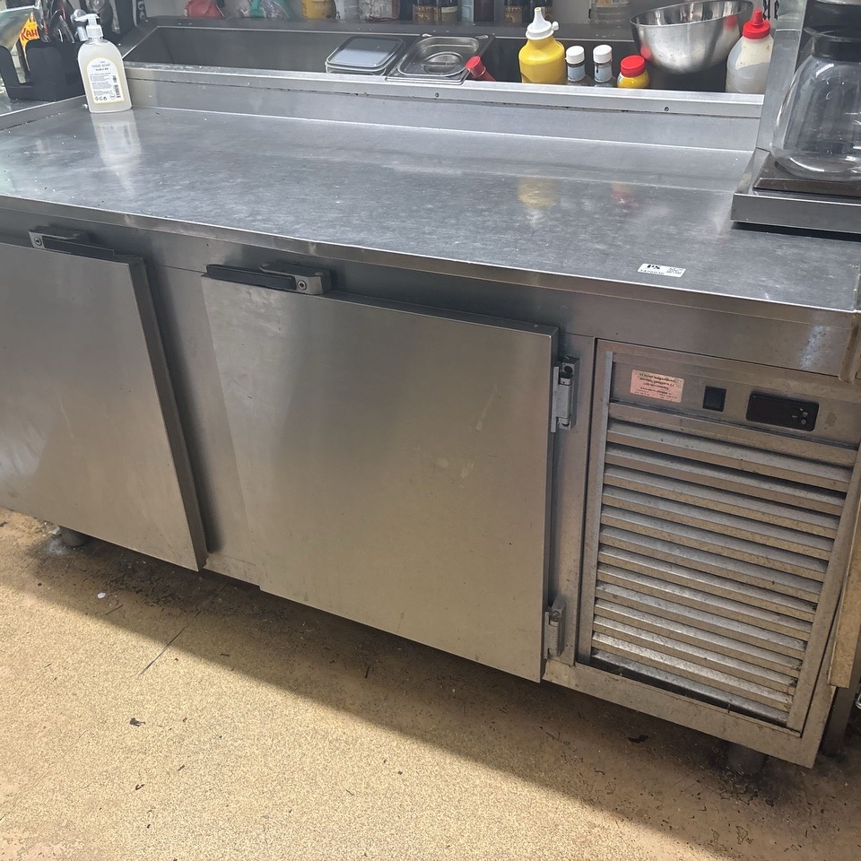 1426036-1 Stainless steel workbench with cabinet and cooling trough, approx. 170 cm
