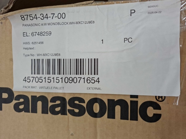 1602787-15 Luft-vatten-värmepump Panasonic Monoblock WH-MXC12J9E8