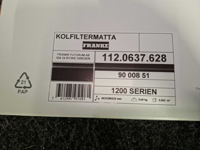 1602800-5 2 st Kolfiltermattor Franke 1200 Classic 449x294mm