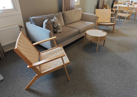 Sofa, chairs, table, blackboard and cabinet