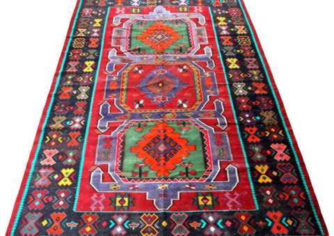 Hand-knotted Russian rug - Kilim dark red/dark blue, 198 x 341 cm