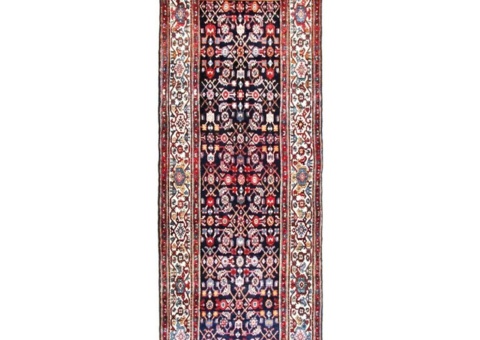 Hand-knotted Persian rug - Arkiio Hamadan, dark blue/cream, 106 x 305 cm