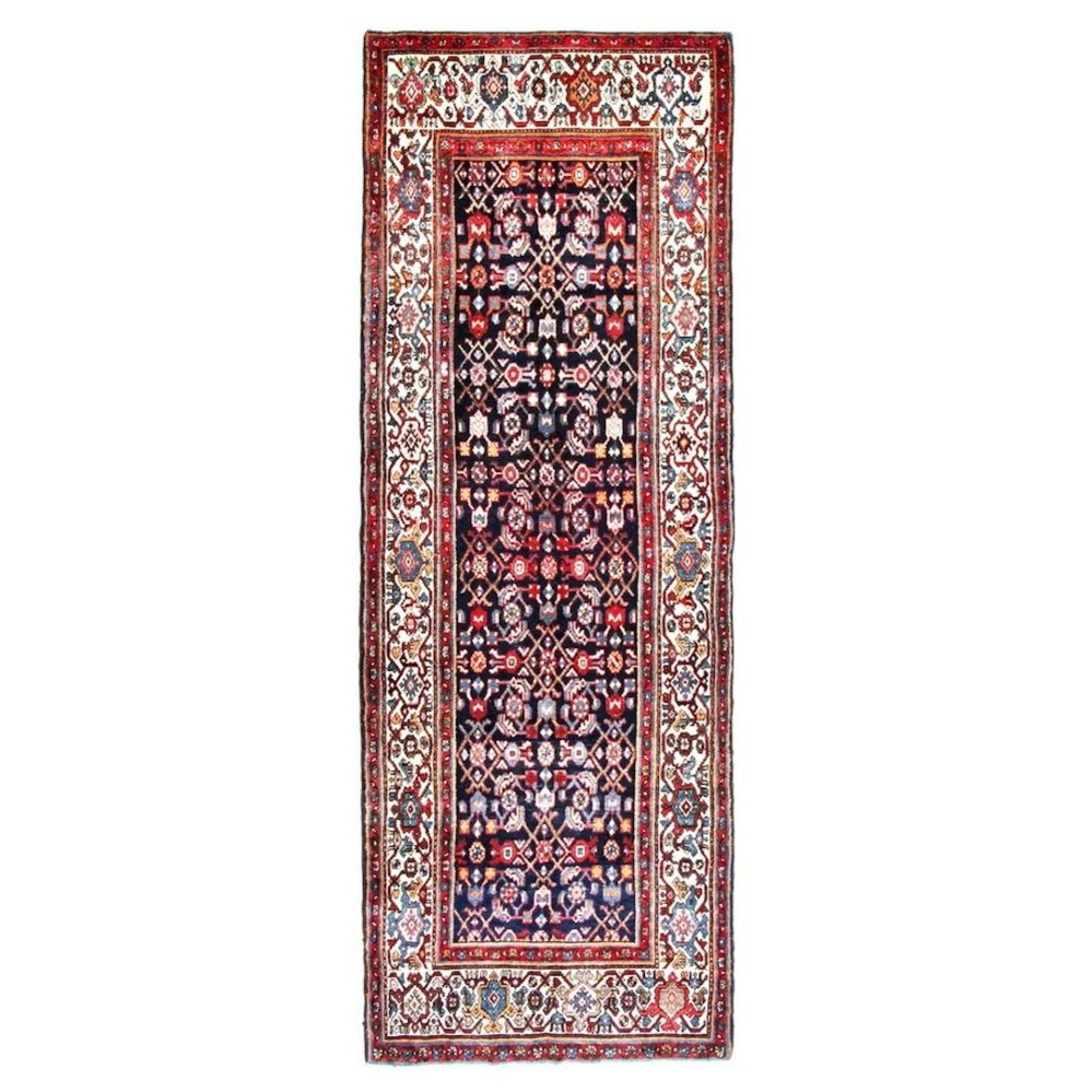 1604125-1 Hand-knotted Persian rug - Arkiio Hamadan, dark blue/cream, 106 x 305 cm