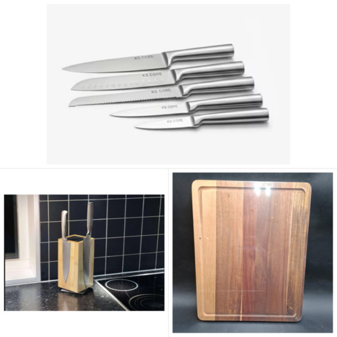 1604869-1 Kökspaket - femknivset, roterbart knivblock och skärbräda i trä