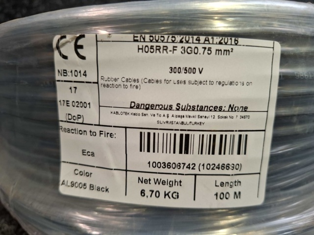 1604781-2 Elkabel/Anslutningskabel Kablotek Kablo H05RR-F 3G0,75 mm²