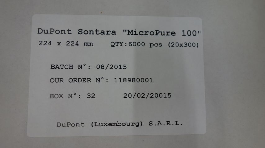 529957-5 6000 pcs Cloths, DuPont Sontara MicroPure 100, 224x224mm