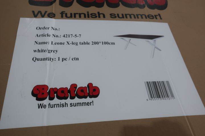 516770-5 Outside table, Brafab Leone X-leg, 200x100cm, white / gray