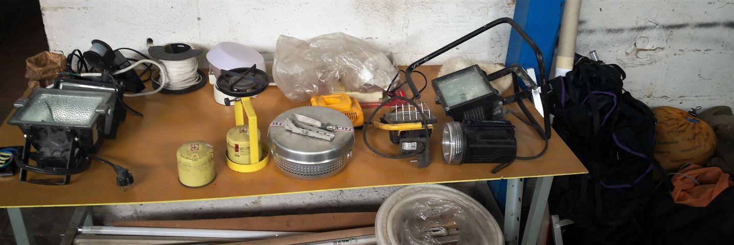 570030-3 Mixed batch backpacks, sleeping bags, fishing lights etc