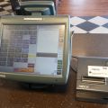 580649-13 Checkout line MICROS, 4 cash registers with drawers, receipt printer, 3 kitchen screens and server