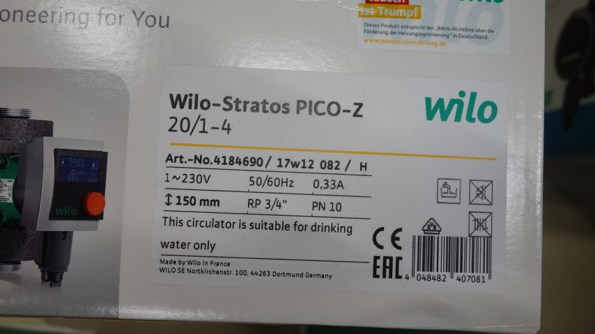 595644-2 Circulation pump Wilo Stratos PICO-Z 20 / 1-4 -150 - Free shipping