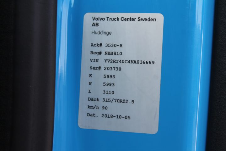 601889-41 Volvo Truck FH62 TT 500 -2018 56023 km Reg.no: NBB810