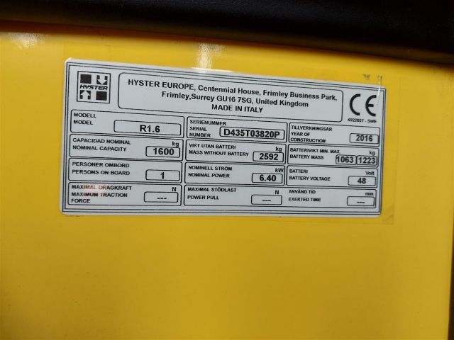 605866-15 Reach truck Hyster R1.6 (142H / 1.6Ton) -2016