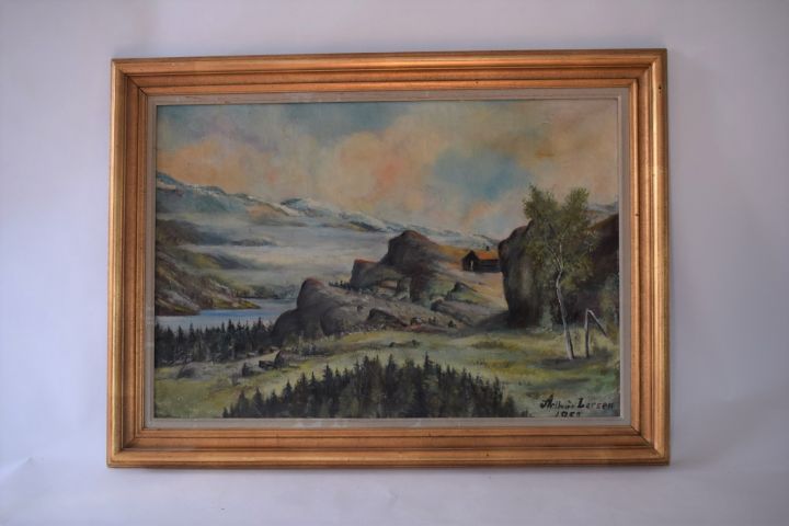 632959-1 Oil painting on canvas, Arthur Larsen 1952 "Takke i Fjelle"