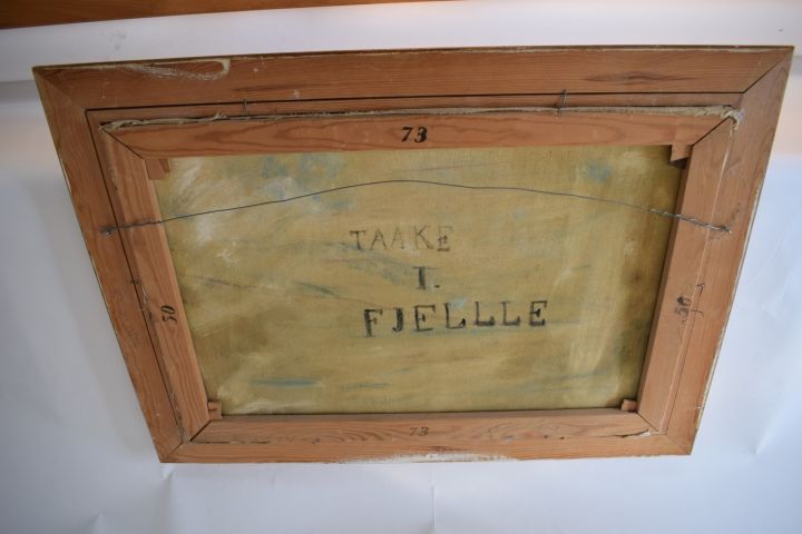 632959-4 Oil painting on canvas, Arthur Larsen 1952 "Takke i Fjelle"