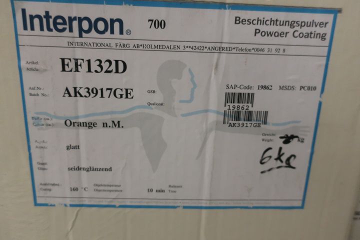 718624-14 10 stools of powder coating paints, i.a. Jotun, Teknos, DuPont et al.