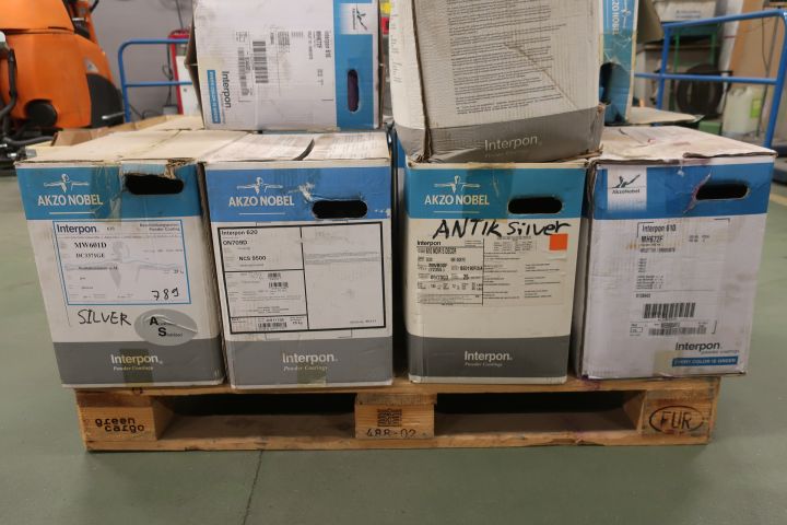 718624-36 10 stools of powder coating paints, i.a. Jotun, Teknos, DuPont et al.