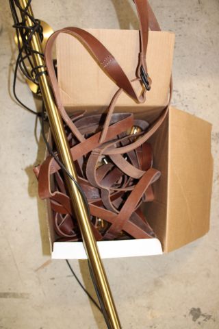 769298-7 Ceiling lamp Rubn 400cm in brass and leather. Design by Niclas Hoflin