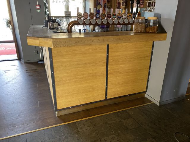 744841-2 Bar counter at an angle of approx. 407x250 cm - as well as back bar shelves and accessories
