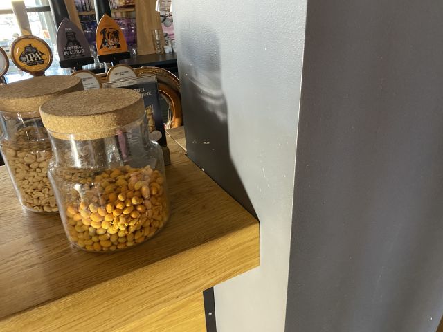 744841-5 Bar counter at an angle of approx. 407x250 cm - as well as back bar shelves and accessories