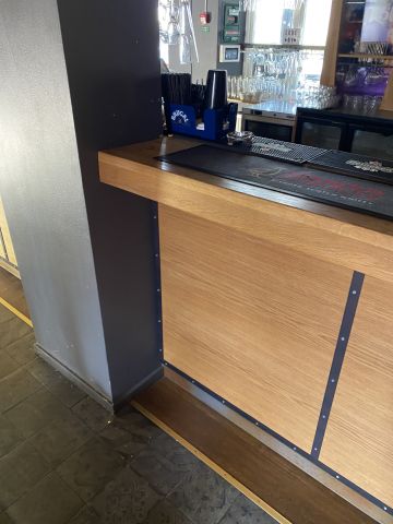 744841-6 Bar counter at an angle of approx. 407x250 cm - as well as back bar shelves and accessories
