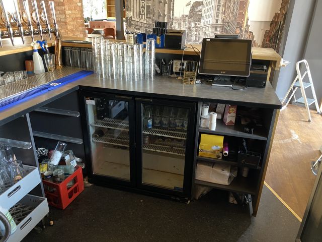 744841-9 Bar counter at an angle of approx. 407x250 cm - as well as back bar shelves and accessories