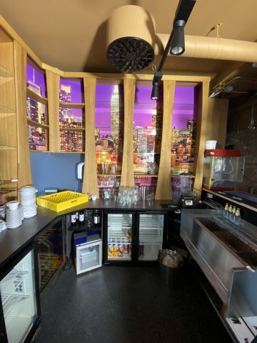 744841-11 Bar counter at an angle of approx. 407x250 cm - as well as back bar shelves and accessories