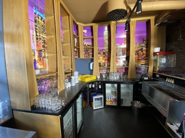 744841-12 Bar counter at an angle of approx. 407x250 cm - as well as back bar shelves and accessories