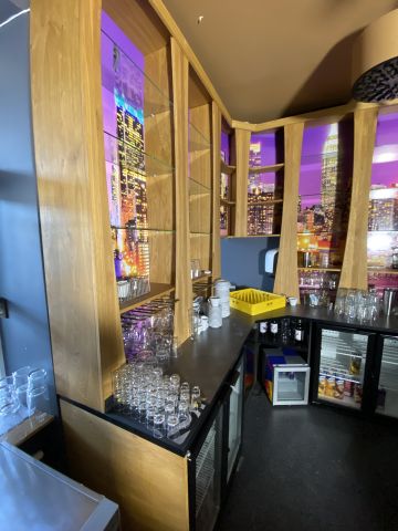 744841-13 Bar counter at an angle of approx. 407x250 cm - as well as back bar shelves and accessories