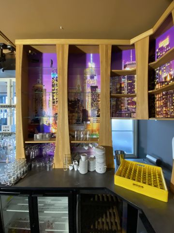 744841-14 Bar counter at an angle of approx. 407x250 cm - as well as back bar shelves and accessories