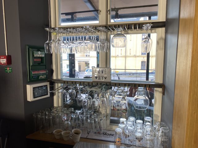 744841-20 Bar counter at an angle of approx. 407x250 cm - as well as back bar shelves and accessories