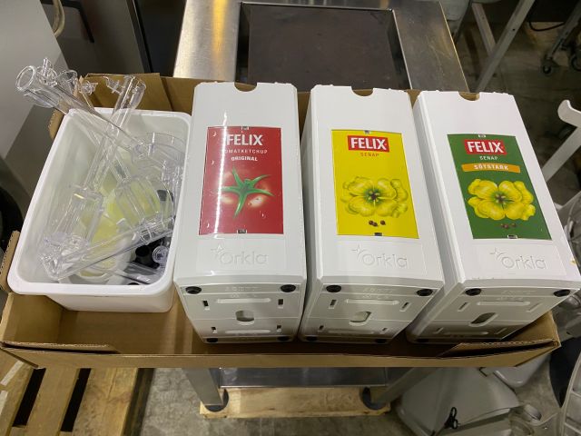 790952-2 3 dispensers for mustard and ketchup, new condition