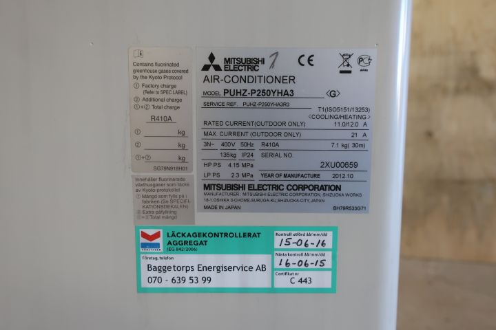 793056-4 Air Conditioner, Mitsubishi electric, MR Slim, PUHZ-P250YHA3