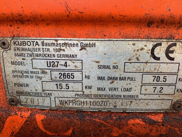 748097-9 Mini excavator Kubota U27-4 -2017 Incl. Buckets 1736.6H