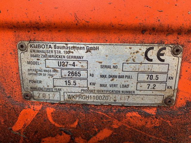 748097-10 Mini excavator Kubota U27-4 -2017 Incl. Buckets 1736.6H